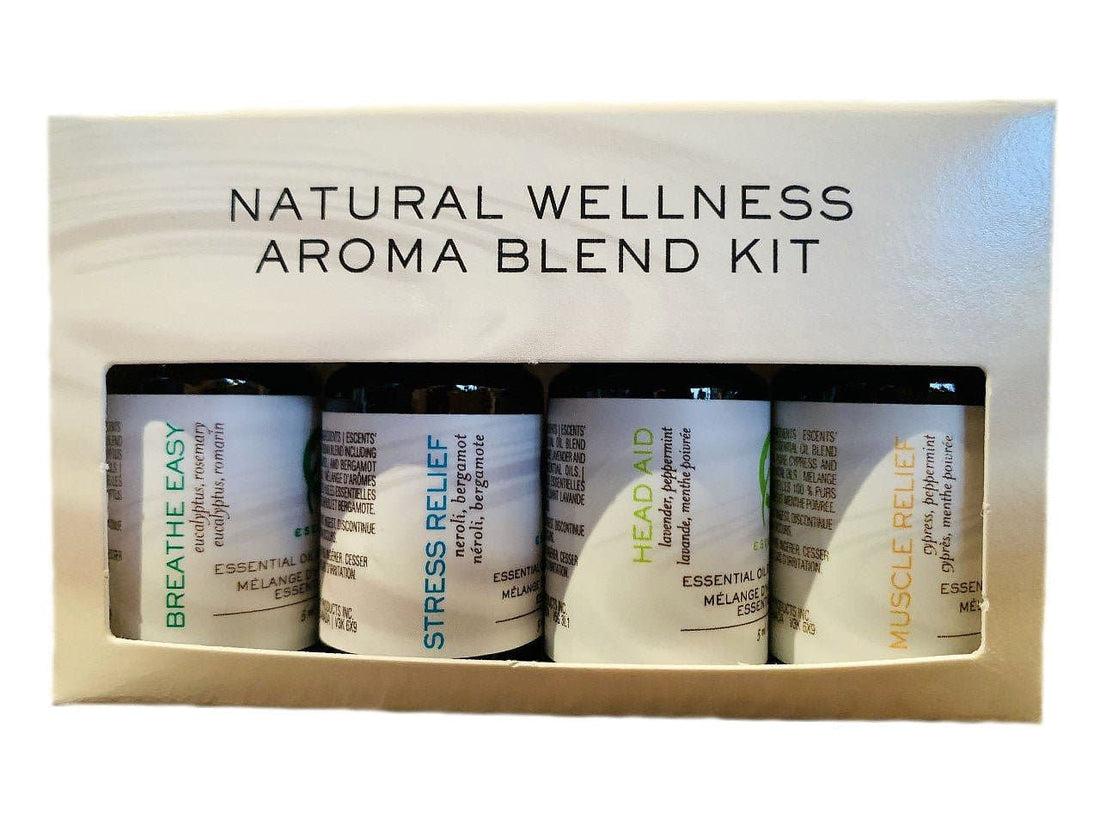 Natural Wellness Blend Kit 4x5ml ( Muscle Relief, Head-Aid, Stress Relief and Breathe Easy) - Premium Aroma at Home, Synergy Blend from Escents Aromatherapy Canada -  !